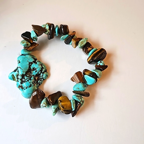 Vintage Turquoise Bracelet Blue brown nugget teardrop Sea Beach Ocean Ankle - Picture 1 of 11